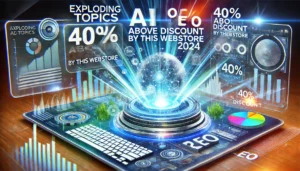 Exploding Topics AI SEO Tool 2024 with 40% discount banner, featuring advanced analytics on a sleek dashboard and digital elements in blue, green, and white.