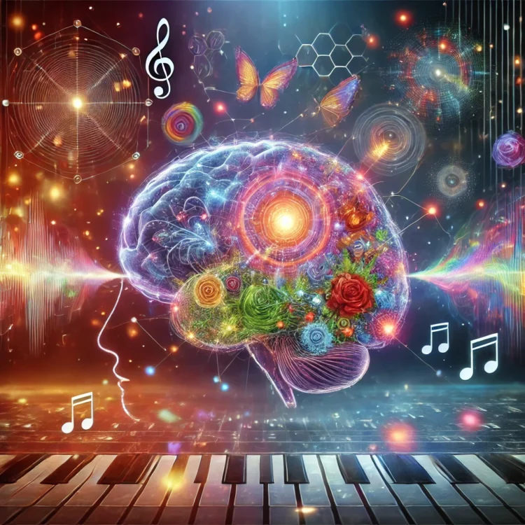 Illustration of AI translating human brain activity into visual images and auditory soundwaves, symbolizing the connection between technology and the minD